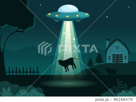 UFO Flying Spaceship with Flying Saucer Over the City Sky Abducts Human or Animals in Flat Cartoon Hand Drawn Templates Illustration UFO Flying Spaceship with Flying Saucer Over the City Sky Abducts Human or Animals in Flat Cartoon Hand Drawn Templates Illustration 96288479
