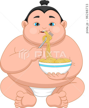 cartoon cute sumo wrestler eating noodle 96288733