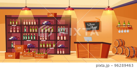 Wine shop interior. Restaurant bar table, shelves with alcohol bottles and winery barrels. Retail or pub vector Illustration Wine shop interior. Restaurant bar table, shelves with alcohol bottles and winery barrels. Retail or pub vector Illustration 96289463