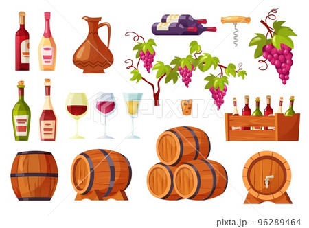 Cartoon wine. Alcohol bottles and barrels, wooden corkscrew, bunch of grapes and glasses of wine isolated vector set Cartoon wine. Alcohol bottles and barrels, wooden corkscrew, bunch of grapes and glasses of wine isolated vector set 96289464