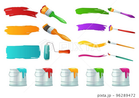 Roller and paint brushes. Can of colored paint and brush stroke isolated elements. Wall painting and drawing vector se 96289472