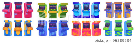 Arcade machines. Retro gaming cabinet, old game machine from different angles. Insert coin, game over and play again screens vector set Arcade machines. Retro gaming cabinet, old game machine from different angles. Insert coin, game over and play again screens vector set 96289504