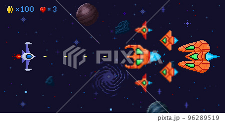 Space battle arcade game level. Pixel art galactic battle, defender spaceship and pixelated ufo enemies vector Illustration 96289519