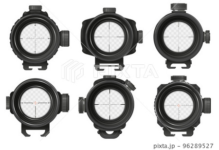 Sniper optical sight. Military sniper POV, aiming rifle and zoom scope. Telescope for weapons 3D vector Illustration set Sniper optical sight. Military sniper POV, aiming rifle and zoom scope. Telescope for weapons 3D vector Illustration set 96289527
