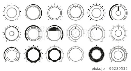 Volume adjustment dials. Round level knob, rotary control dial and sound controller interface circle switch vector set 96289532
