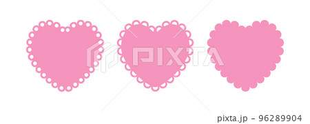 Scalloped edge heart shapes set. Simple heart scalloped border. Fabric laces silhouette frame. Repeat cute vintage frill ornament. Texture ribbons. Vector illustration isolated on white background Scalloped edge heart shapes set. Simple heart scalloped border. Fabric laces silhouette frame. Repeat cute vintage frill ornament. Texture ribbons. Vector illustration isolated on white background 96289904