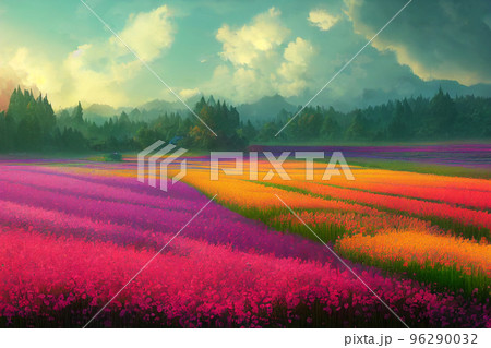 イラスト 花畑 青空 雲 山 村 田舎 牧歌的 96290032
