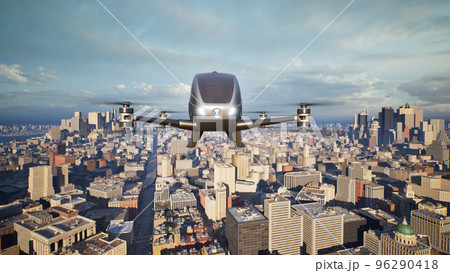 Autonomous driverless aerial vehicle fly across city, 3d render Autonomous driverless aerial vehicle fly across city, 3d render 96290418