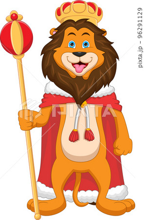 cartoon lion wearing a crown and holding a stick cartoon lion wearing a crown and holding a stick 96291129