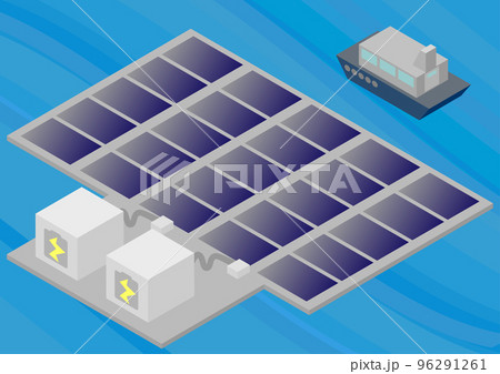 アイソメトリックな水上に浮かぶ太陽光パネルのイメージイラストのイラスト素材