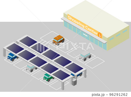 アイソメトリックな駐車場の屋根に太陽光パネルを設置するショッピングセンターのイメージイラスト アイソメトリックな駐車場の屋根に太陽光パネルを設置するショッピングセンターのイメージイラスト 96291262