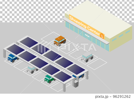 Image illustration of a shopping center where solar panels are installed on the roof of the isometric parking lot Image illustration of a shopping center where solar panels are installed on the roof of the isometric parking lot 96291262