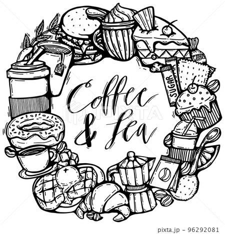 cute doodle cartoon coffee and bakery shop. vector outline hand drawn for coffee and bakery for cafe menu, including supply item and equipment isolated on white background. drawing style 96292081