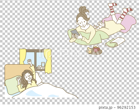 Illustration set of a young woman relaxing at home 96292153