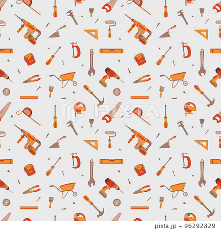 Seamless pattern with building elements. Flat hand drawn vector illustration. Construction tools. 96292829