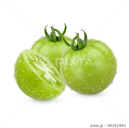 Fresh green tomatoes with water drops isolated on white background Fresh green tomatoes with water drops isolated on white background 96292893