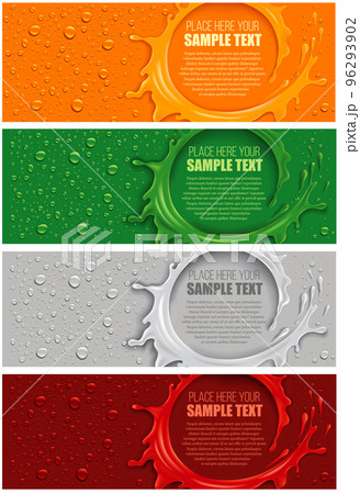 Multicolour background with splash and lots of drops. Design template for juice with place for your text Multicolour background with splash and lots of drops. Design template for juice with place for your text 96293902