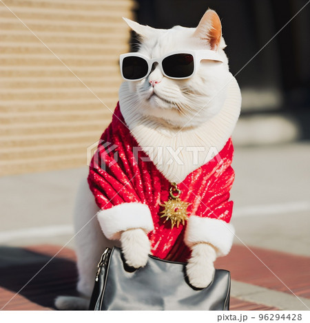 White fancy cat poses in a winter white sheep's wool coat