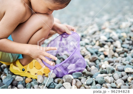 Preschooler boy plays with purple landing net gathering pebbles on beach near water. Excited child enjoys spending summer holidays at seaside Preschooler boy plays with purple landing net gathering pebbles on beach near water. Excited child enjoys spending summer holidays at seaside 96294828