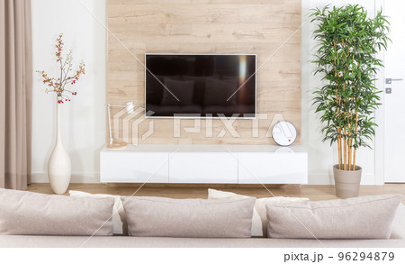 Modern light living room with tv equipment 96294879