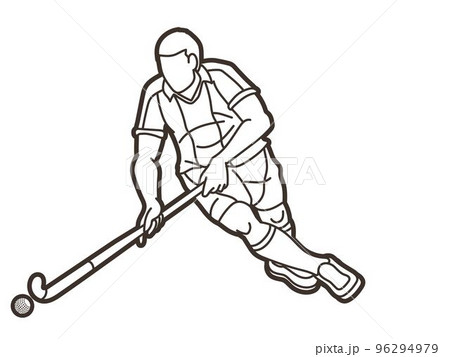 Field Hockey Sport Male Player Action Cartoon Outline Graphic Vector 96294979
