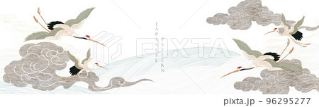 Crane bird decoration vector. Hand drawn chinese cloud with Japanese pattern vector. Flyer, banner or presentation in vintage style. Grey watercolor texture with line wave pattern. 96295277