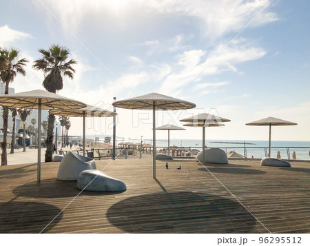 TEL AVIV, ISRAEL - JANUARY 23, 2019: Public beach promenade with some of its hotels 96295512