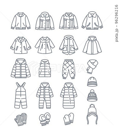 Baby outerwear warm clothes thin line icons. Jackets, coats, snowsuits, hats and mittens. Outline pictograms of kids clothing. Children wardrobe. Basic winter outfit for toddler, little boy or girl 96296216