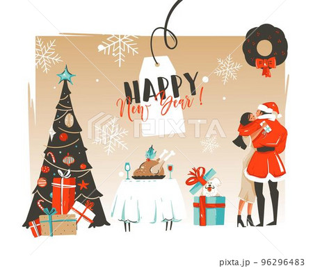 Hand drawn vector Happy New Year time cartoon illustrations retro card with romantic couple who kissing and hugging under the mistletoe,xmas tree and dinner table isolated on craft background 96296483