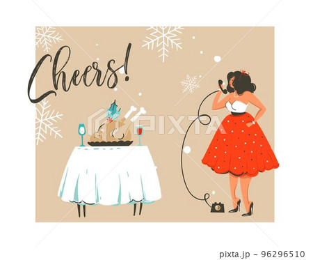 Hand drawn vector abstract Merry Christmas and Happy New Year time retro vintage cartoon illustration greeting card with beautuful woman in dress and modern typography isolated on white background 96296510