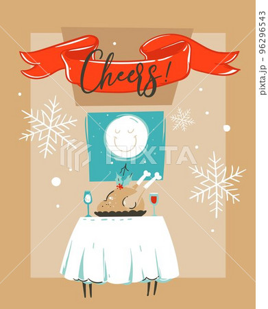 Hand drawn vector abstract fun Merry Christmas time cartoon illustration card template with Christmas food on table and moon in window isolated on craft paper background Hand drawn vector abstract fun Merry Christmas time cartoon illustration card template with Christmas food on table and moon in window isolated on craft paper background 96296543
