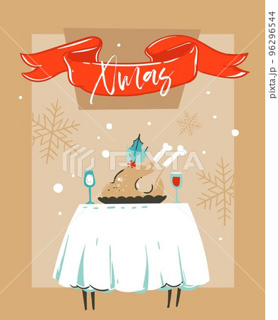 Hand drawn vector abstract fun Merry Christmas time cartoon illustration card template with Christmas food on table and moon in window isolated on craft paper background Hand drawn vector abstract fun Merry Christmas time cartoon illustration card template with Christmas food on table and moon in window isolated on craft paper background 96296544