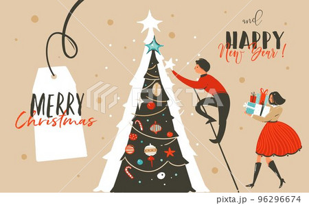 Hand drawn vector abstract fun Merry Christmas time cartoon header illustration greeting card with family,surprise gift boxes,Christmas tree and xmas calligraphy isolated on craft background Hand drawn vector abstract fun Merry Christmas time cartoon header illustration greeting card with family,surprise gift boxes,Christmas tree and xmas calligraphy isolated on craft background 96296674