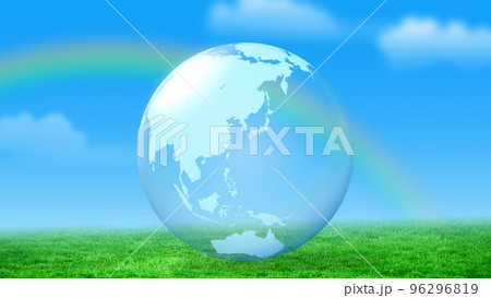 緑の草原と虹空に輝くガラス玉の地球 SDGsの背景デザイン 緑の草原と虹空に輝くガラス玉の地球 SDGsの背景デザイン 96296819
