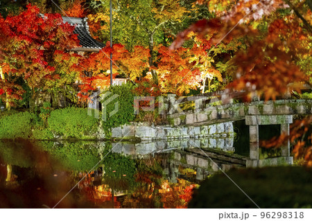 秋の禅林寺 (永観堂)の紅葉　放生池と水鏡　ライトアップ　京都市左京区 96298318