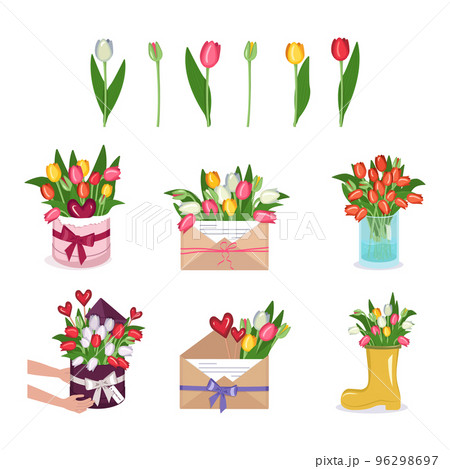 A set of tulips, flowers in a round box, vase and envelope. Spring and summer decorations. Delivery of bouquets. Vector illustration A set of tulips, flowers in a round box, vase and envelope. Spring and summer decorations. Delivery of bouquets. Vector illustration 96298697