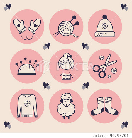 Stylish icons for needlework. Images of a knitting woman, scissors, buttons, a hat, mittens with hearts, soft and warm sheep wool, a ball of yarn with knitting needles. Stylish highlights handmade 96298701