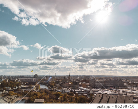 Aerial sunny Kharkiv city center with Ukraine flag Aerial sunny Kharkiv city center with Ukraine flag 96299710