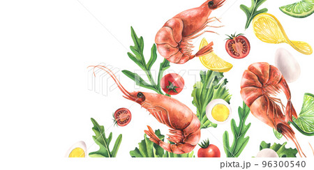 Boiled shrimp with ingredients: arugula, quail eggs, cherry tomatoes, lime, lemon. Watercolor illustration. Composition from the SHRIMP collection. For the design and design of menus, recipes, salad Boiled shrimp with ingredients: arugula, quail eggs, cherry tomatoes, lime, lemon. Watercolor illustration. Composition from the SHRIMP collection. For the design and design of menus, recipes, salad 96300540