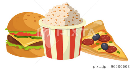 Popcorn with hamburger and pizza slice. Cartoon fast food Popcorn with hamburger and pizza slice. Cartoon fast food 96300608