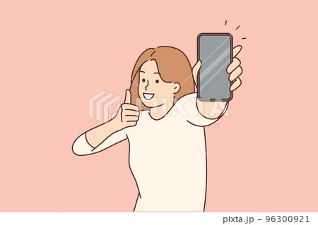 Smiling woman show mockup cellphone screen Smiling woman show mockup cellphone screen 96300921
