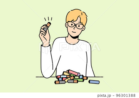 Boy collects electric cells to utilization, disposal, recycling. Boy collects electric cells to utilization, disposal, recycling. 96301388