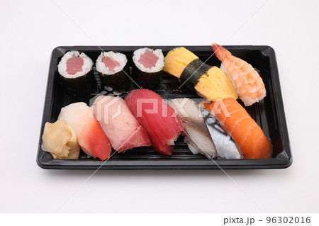 Sushi Set nigiri and sushi rolls with soy sauce and chopsticks Japanese food isolated in white background 96302016
