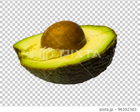 Half avocado with bone on white background with shade. Ripe, greens with yellow. Photo. Half avocado with bone on white background with shade. Ripe, greens with yellow. Photo. 96302303