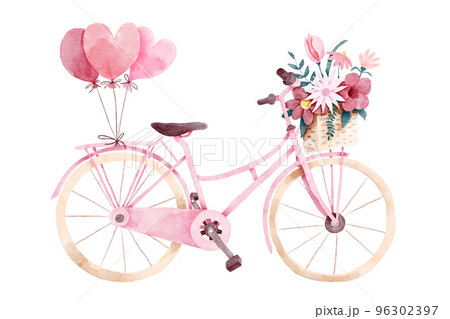 Pink bicycle with flowers clipping path isolated on white background 96302397