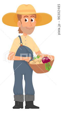 Man harvesting vegetables. Cartoon farmer character with basket Man harvesting vegetables. Cartoon farmer character with basket 96302485