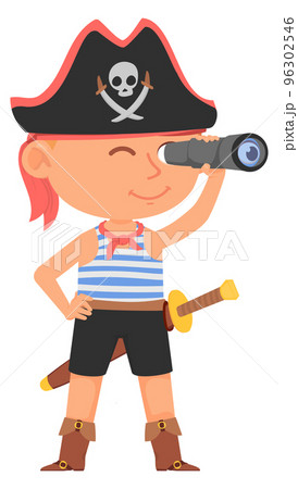 Kid in pirate costume looking in spyglass. Cartoon boy 96302546