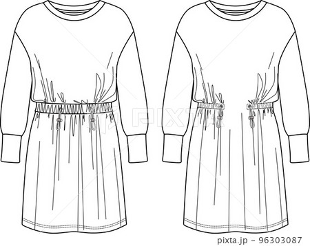 Vector round neck long sleeved dress fashion CAD, mini dress with elasticized waistband technical drawing, sketch, template, flat. Jersey or fleece fabric dress with front, back view, white color Vector round neck long sleeved dress fashion CAD, mini dress with elasticized waistband technical drawing, sketch, template, flat. Jersey or fleece fabric dress with front, back view, white color 96303087