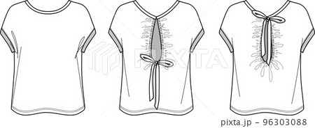 Vector short sleeved T-Shirt fashion CAD, woman round neck top with opened back detail technical drawing, template, flat, sketch. Jersey or woven fabric blouse with front, back view, white color Vector short sleeved T-Shirt fashion CAD, woman round neck top with opened back detail technical drawing, template, flat, sketch. Jersey or woven fabric blouse with front, back view, white color 96303088