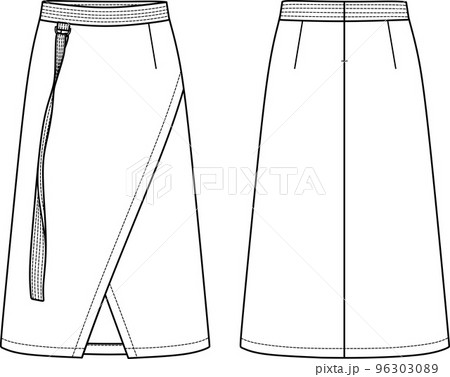 Vector wrapped midi skirt with accessories technical drawing, template, flat, sketch. Maxi skirt fashion CAD with belt and stitch detail. Jersey or woven fabric skirt with front, back view, white Vector wrapped midi skirt with accessories technical drawing, template, flat, sketch. Maxi skirt fashion CAD with belt and stitch detail. Jersey or woven fabric skirt with front, back view, white 96303089